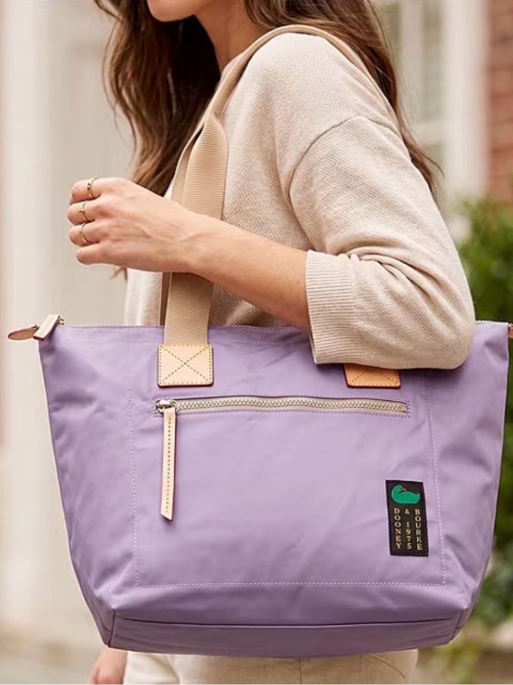 New Dooney & Bourke Lavender Nylon Tote Zip Front Bag with Beige Straps and Trim